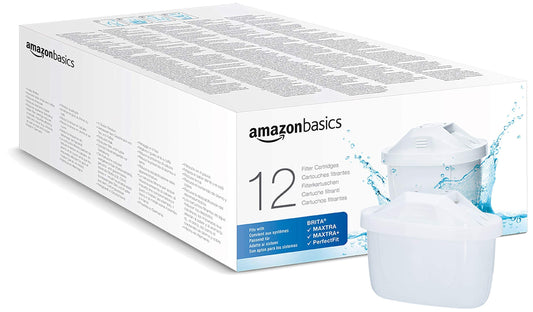 Amazon Basics Water Filter Cartridges, 12 pack, compatible with all BRITA systems including PerfectFit & Amazon Basics systems.