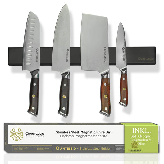 QUINTESSIO - Magnetic Knife Strip Stainless Steel - Self-adhesive or drillable knife holder - 40 cm magnetic knife strip - Kitchen knife magnetic holder - Black