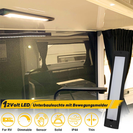 Dream Lighting LED Under Cabinet Light 12v RV Dimmable Camper Boat Lamp with Motion Sensor Interior Ultra-thin Black Aluminum Warm White