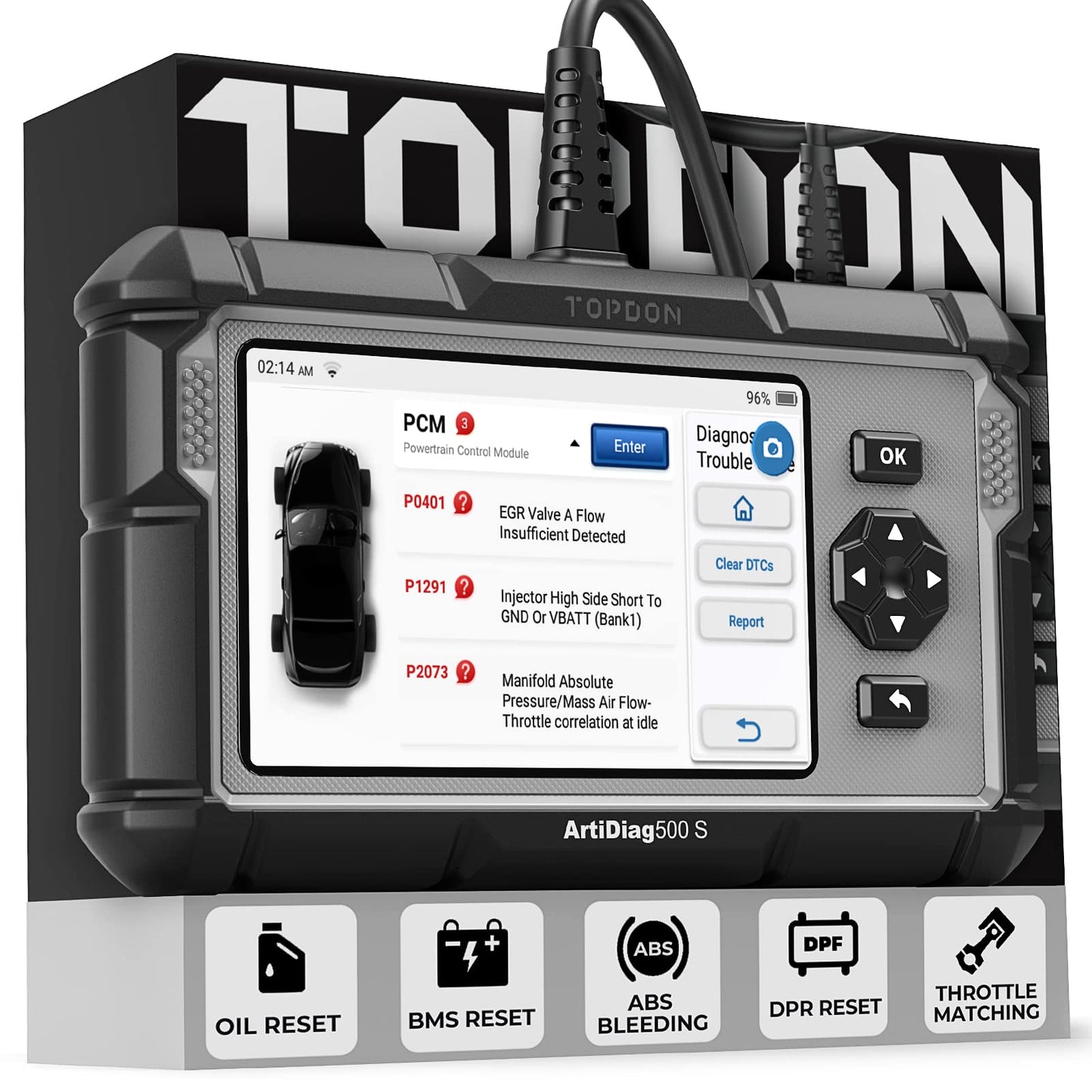 TOPDON OBD2 Diagnostic Tool Auto AD500S, 4 diagnostics for ABS SRS engine and transmission, 5 service functions for oil, BMS, ABS, DPF, and throttle body adjustment, free lifetime upgrade.