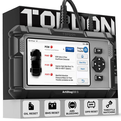 TOPDON OBD2 Diagnostic Tool Auto AD500S, 4 diagnostics for ABS SRS engine and transmission, 5 service functions for oil, BMS, ABS, DPF, and throttle body adjustment, free lifetime upgrade.