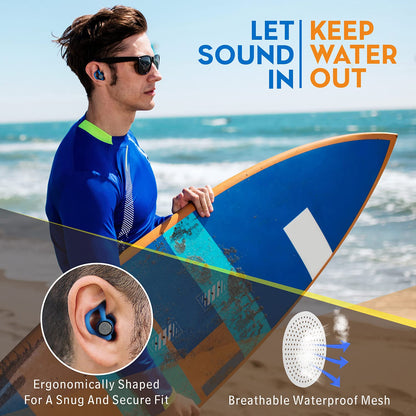Hearprotek 2 pairs of swimming earplugs, ear protection for adults for swimming, shower, pool, bathing, surfing Blue.