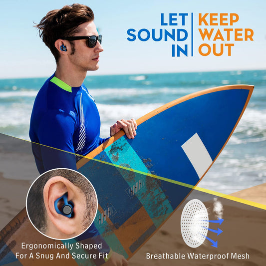 Hearprotek 2 pairs of swimming earplugs, ear protection for adults for swimming, shower, pool, bathing, surfing Blue.