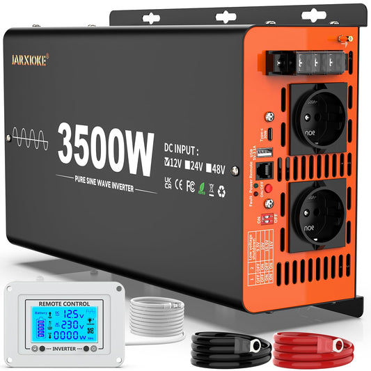 12V to 230V inverter 3500W/7000W pure sine wave power converter with remote control, LCD screen, dual USB ports, Type-C port, 2 AC outlets. Inverter for solar vehicles, cars, and RVs.