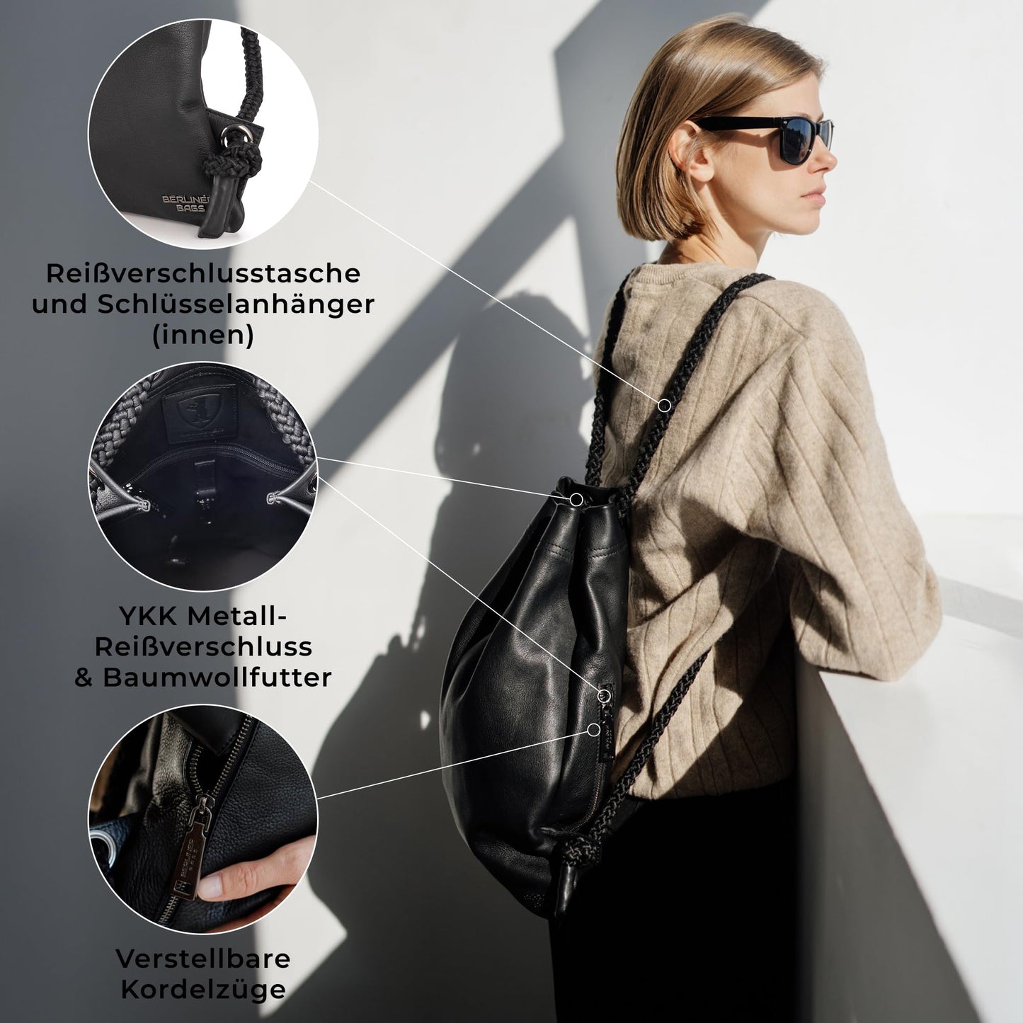 Berlin Bags Premium gym bag made of leather, sports backpack with drawstring for women and men - Black