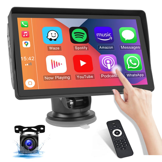 CAMECHO Wireless Carplay&Android Auto Display, 7-inch Portable Car Radio with Touchscreen, Car Play Monitor Supports Bluetooth/Siri/FM/Airplay/AUX+Rearview Camera.
