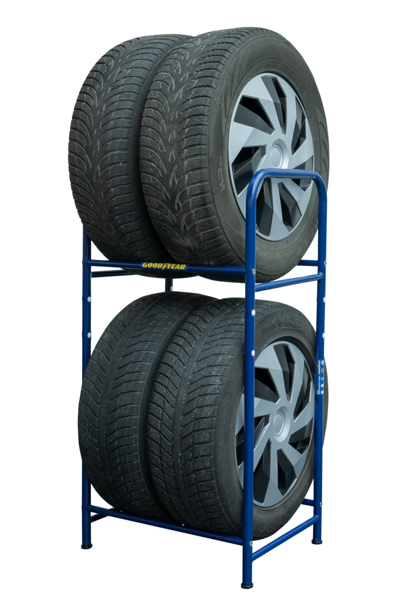 Goodyear tire rack for 4 tires, space-saving storage, height-adjustable, 2 levels, maximum load capacity up to 120 kg, blue.