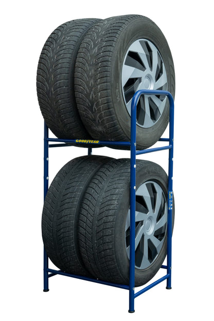 Goodyear tire rack for 4 tires, space-saving storage, height-adjustable, 2 levels, maximum load capacity up to 120 kg, blue.