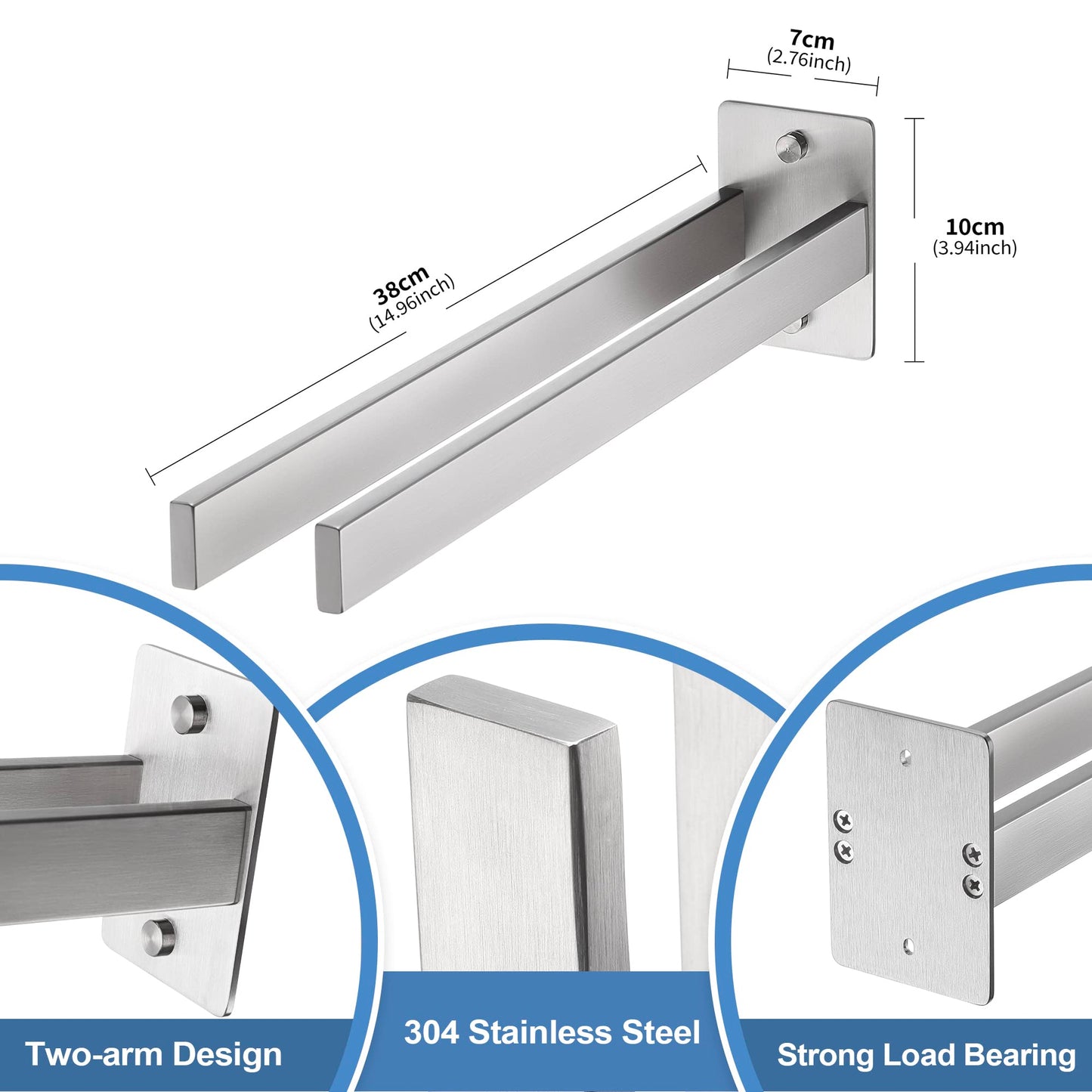 Dvocel Towel Rack Double Arm Towel Holder Wall Mounted for Bathroom and Kitchen 39CM 304 Stainless Steel Silver Towel Bar Drill Square Towel Rail