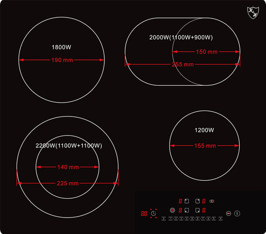 K&H Glass Ceramic Cooktop NC-7206 [4 ZONES] - 4 Cooking Zones - 4 Burner Cooktop - 4 Plate Cooktop Independent - 4 Hot Plates - High Voltage Connection - No Plug Included - 59CM 7200 Watts - 9 Power Levels