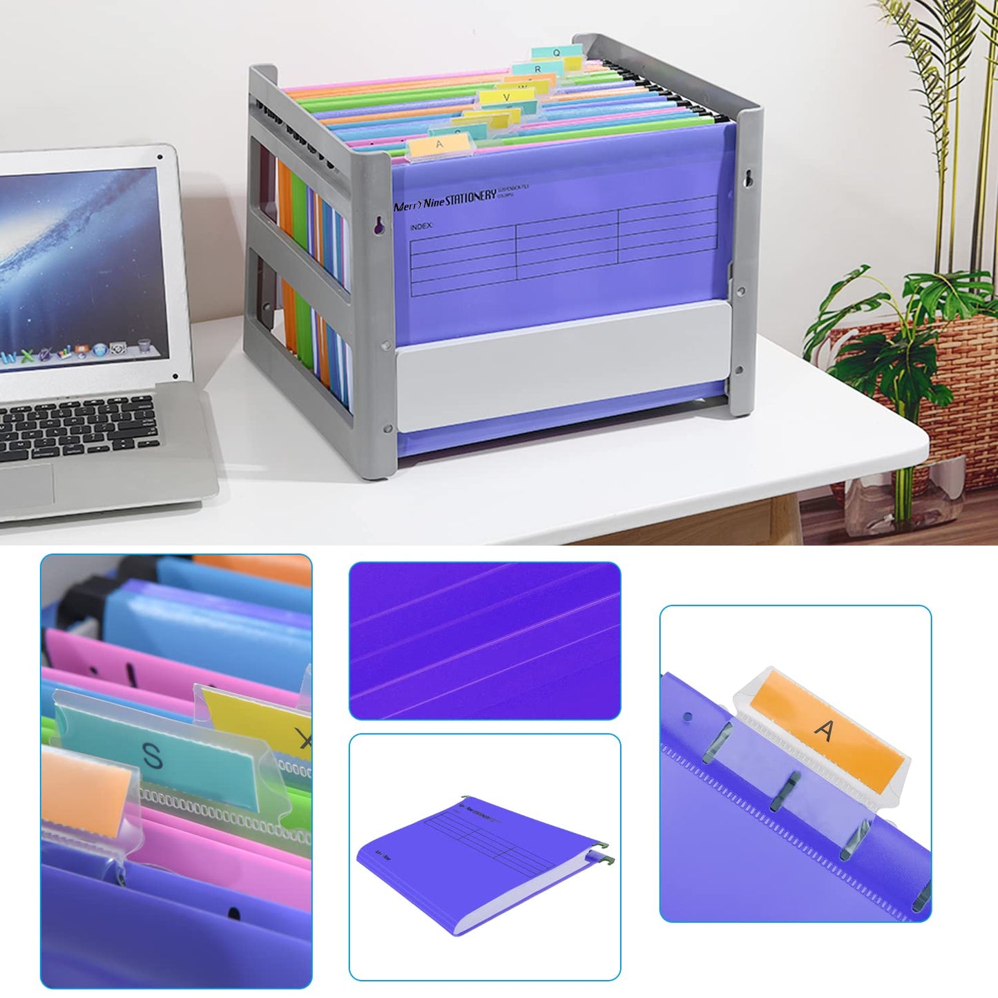 MerryNine A4 hanging file folders made of polypropylene, with tabs and card inserts, for school, home, work, office, organization (1, purple)