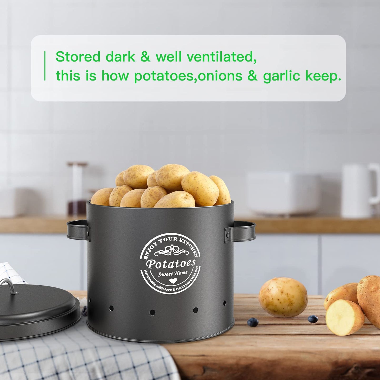 rokrust Potato storage box, onion pot, large metal storage container, kitchen, can store potatoes for a long time (Black)
