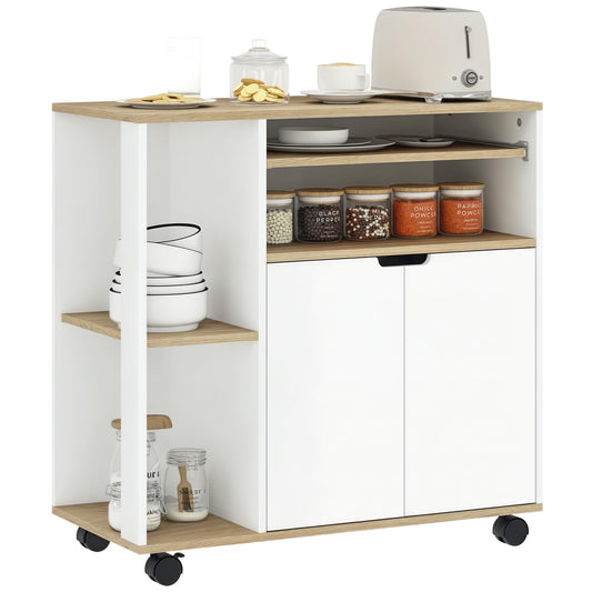 HOMCOM kitchen cart trolley serving cart with handle, adjustable shelves, cabinet, countertop, kitchen shelf on wheels, storage cart for kitchen bathroom office living room White