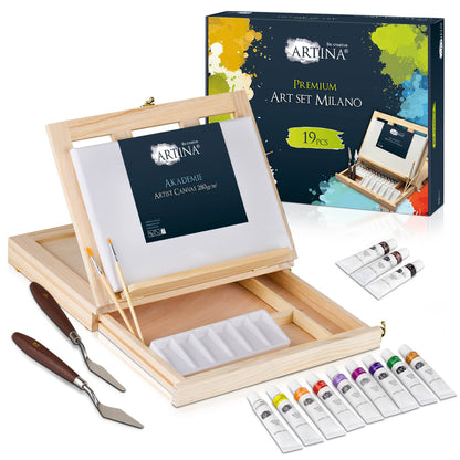 Artina 19-piece acrylic painting set with carrying case easel Milano - artist set painting case 12x 12ml acrylic paint set, brushes & stretcher canvas set - artist carrying case table easel beginner hobby painter painting set