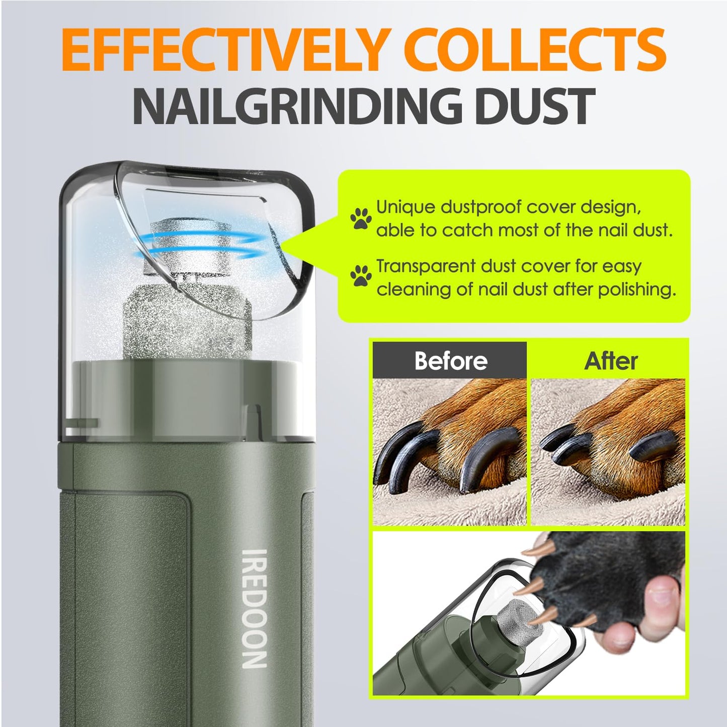 IREDOON Professional Dog Nail Grinder 3-Speed with 4 LED lights - Latest Nail Grinder with Power Indicator for Pets, Super Quiet, Rechargeable for Large, Medium, and Small Dogs