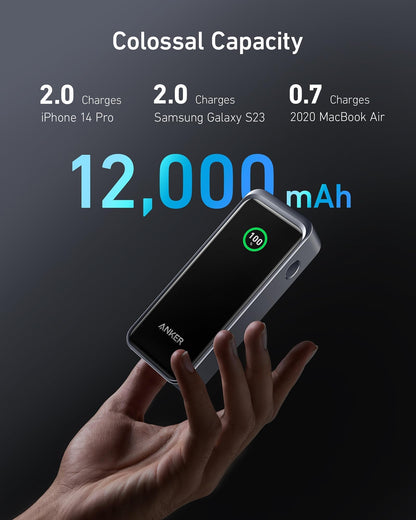 Anchor Prime Power Bank, 12,000mAh 2-Port charger with 130W output, Smart Display, Compatible with iPhone 14/13 series, Galaxy, MacBook, Dell, and more (charging station not included)