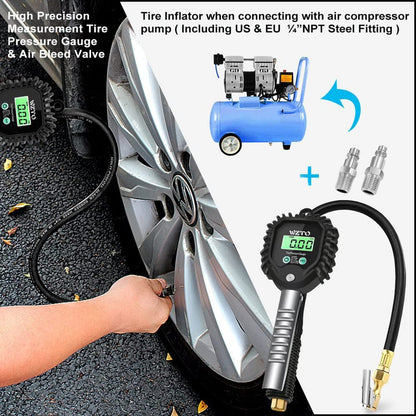 WZTO Digital Tire Pressure Gauge and Inflator, Calibrated air pressure gauge 255 PSI High Precision Tire Pressure Gauge with LCD screen for all vehicles, trucks, motorcycles (US & EU Standard Connection)