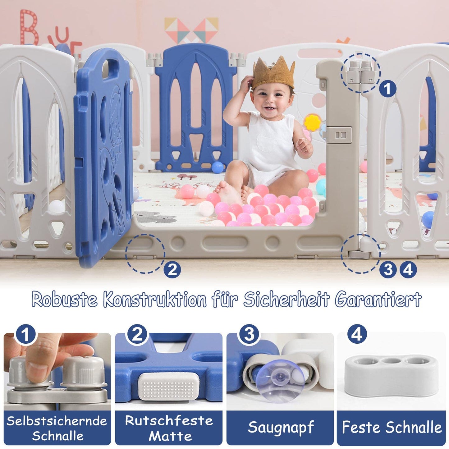 NAIZY Playpen for Baby 12+2 foldable Playard with Toy Panel & Door Panel Crawling Grid Non-slip HDPE Safety Gate Playpen for Kids Indoor and Outdoor, Blue+White