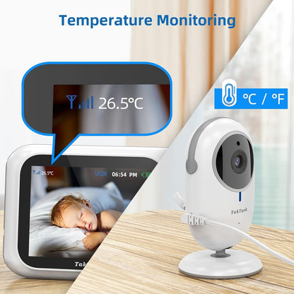 TakTark video baby monitor with camera, 3.2'' screen, zoom, VOX function, 2-way talk, night vision, temperature monitoring.