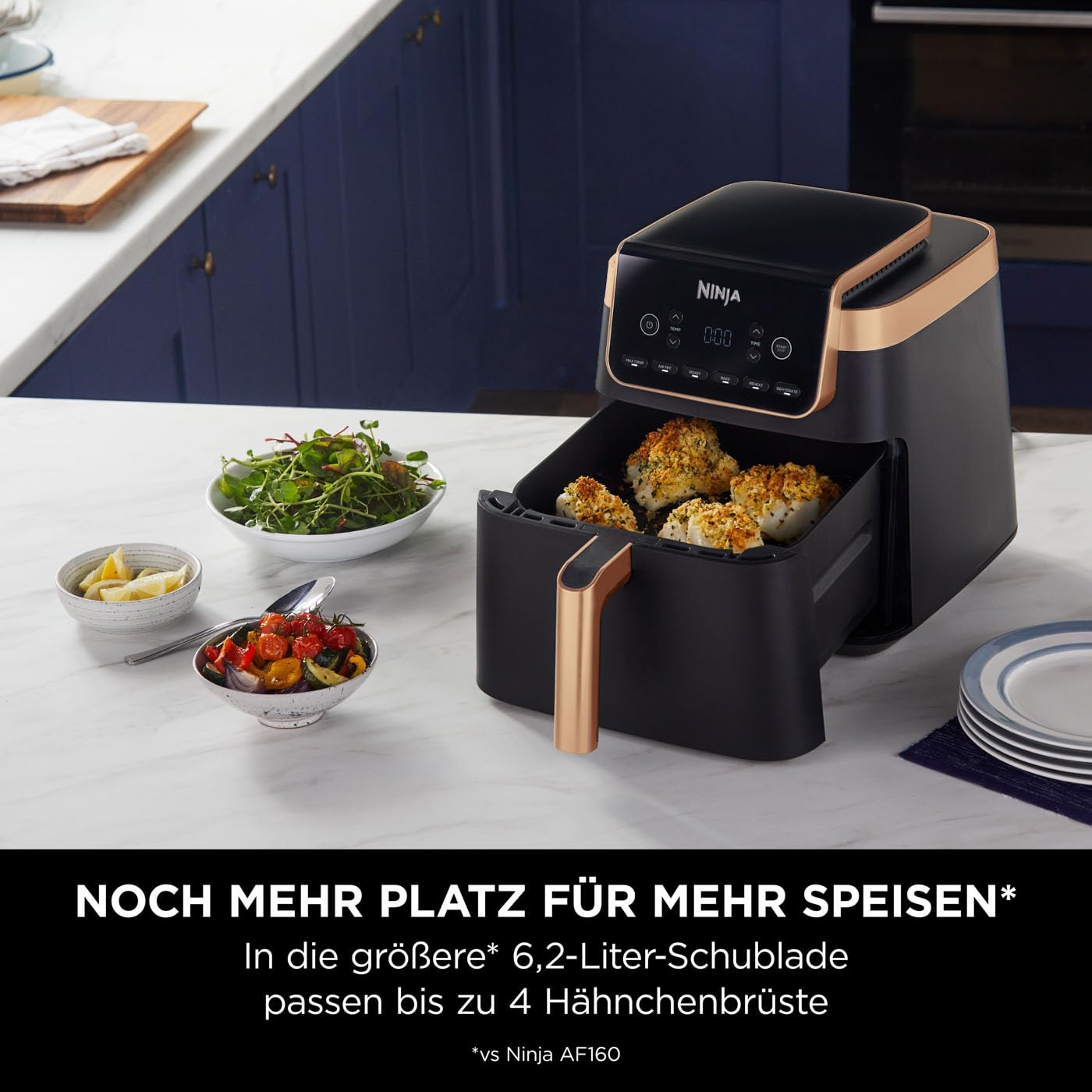 Ninja Max Pro Hot Air Fryer, 6.2L, oil-free, large drawer, roast, bake, air fry, non-stick coated, dishwasher-safe basket & crisper grid insert, silicone tongs, black/copper, AF180EUCP