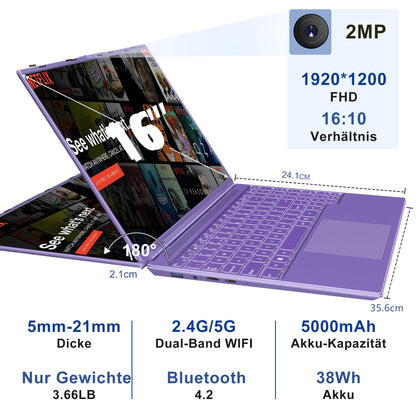 AOCWEI Laptop 16 inch 12GB RAM 512GB ROM Expandable 2.5" 1TB SSD, Laptop Win 11 with 4-Core CPU N5095 (up to 2.9 GHz), 1920*1200 | 5G WiFi | Bluetooth & German Keyboard Sticker-Purple.