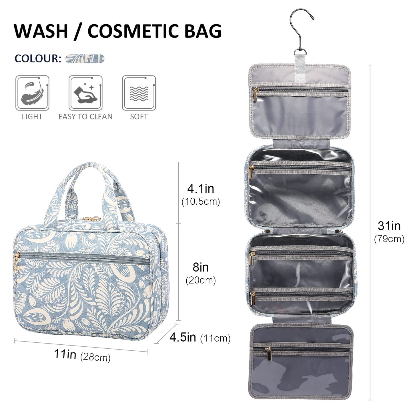 LOVEVOOK Toiletry Bag for Women, Waterproof Hanging Toiletry Bag, Foldable Cosmetic Bag Large with 360° Rotating Hook Blue Leaves.