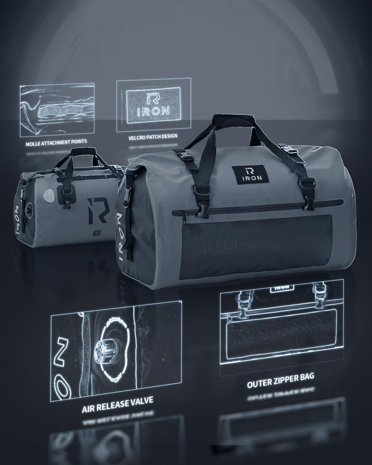 IRON JIA'S motorcycle bag luggage roll waterproof tail bag saddle bag travel bag with roll-sealed shoulder straps suitable for cycling camping water sports gray-30L