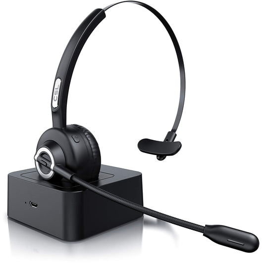 CSL - Wireless headset with charging dock - Mono Bluetooth headset with microphone - USB charging port - Multipoint, noise cancellation - lightweight - hands-free calling - PC tablet smartphone - home office office