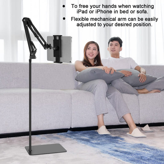 Tablet floor stand, adjustable, universal, 360 degree rotatable, metal tablet holder, phone stand for iPad/iPhoneX/iPad Pro or other 4.5-13 inch devices (black)