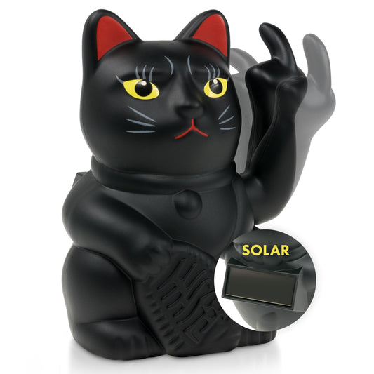 ANGRY CAT - Mini Lucky CAT SOLAR Powered Funny waving cat - Japanese waving cat with middle finger - Decorative wobble figure cat - Waving arm with middle finger - 10cm - black