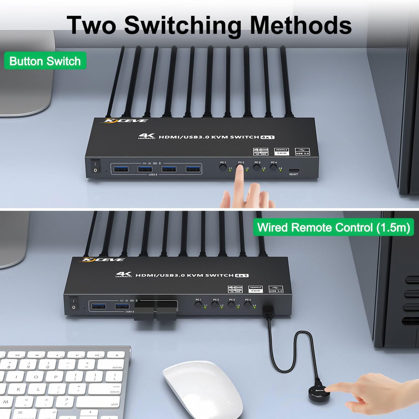 YOUTINGHDAV USB 3.0 KVM Switch HDMI 4 Port, 4K@60Hz simulating EDID KVM Switch 4 PC 1 Monitors, HDMI 2.0 KVM Switches sharing 4 USB 3.0 devices mouse keyboard printer, with wired remote and 5 cables.