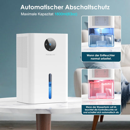 Electric Dehumidifier 1800ML, Portable Room Dehumidifier Extra quiet under 30 dB, Automatic shutdown and defrost, Dehumidifier for apartment bathroom