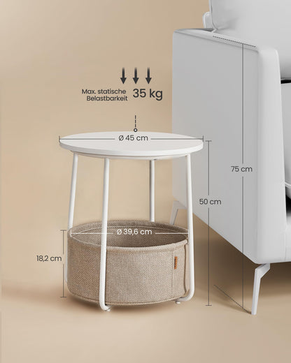 VASAGLE Round Side Table, Small Table, Small Coffee Table, Living Room Table, Fabric Basket, Storage for Living Room Bedroom, Modern Nightstand, Matt White-Camel Brown LET223W10