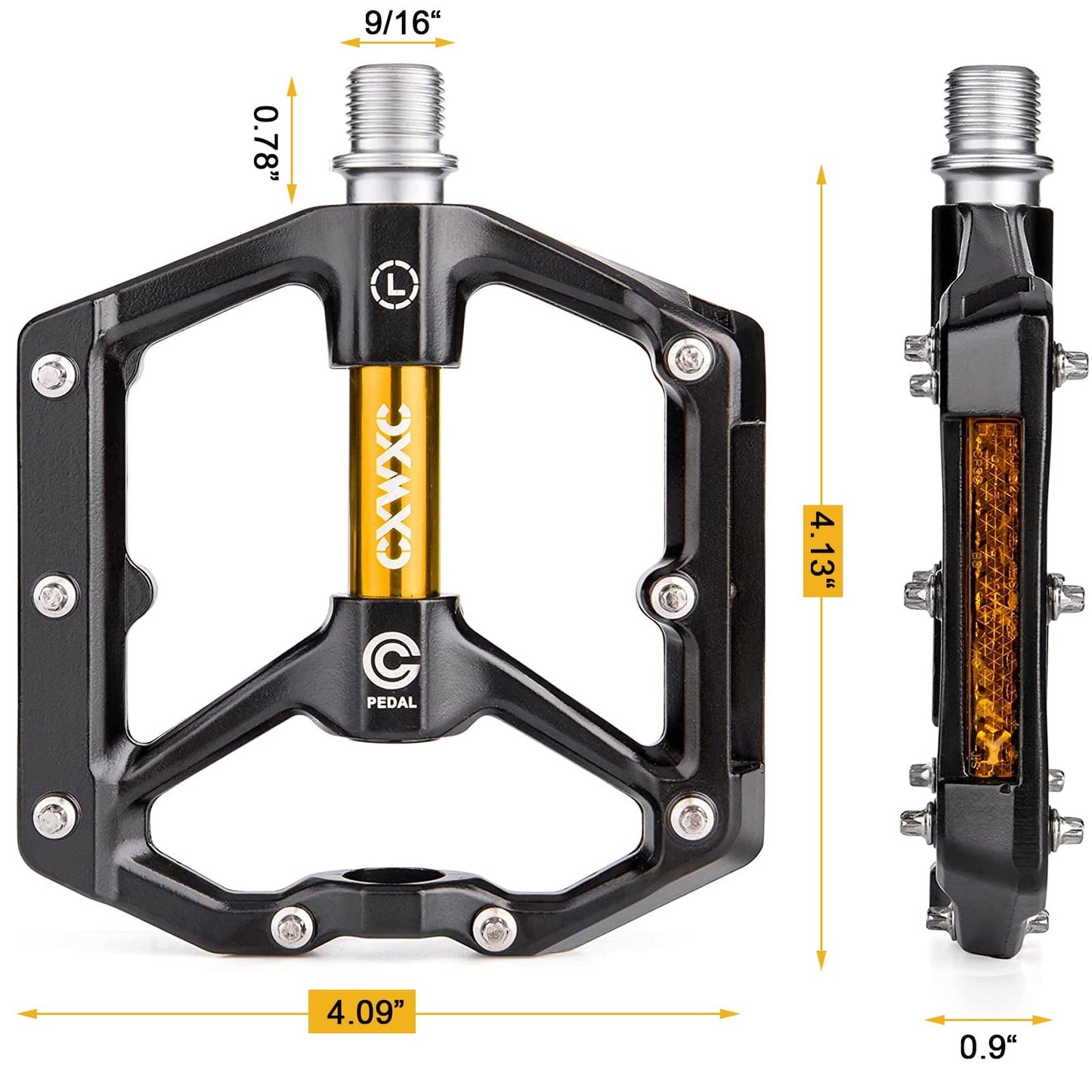 CXWXC Bike Pedals With Reflectors - MTB Aluminum Alloy Pedal Set, 9/16 Cube Pedals for Mountain Bike, Road Bike (Gold)
