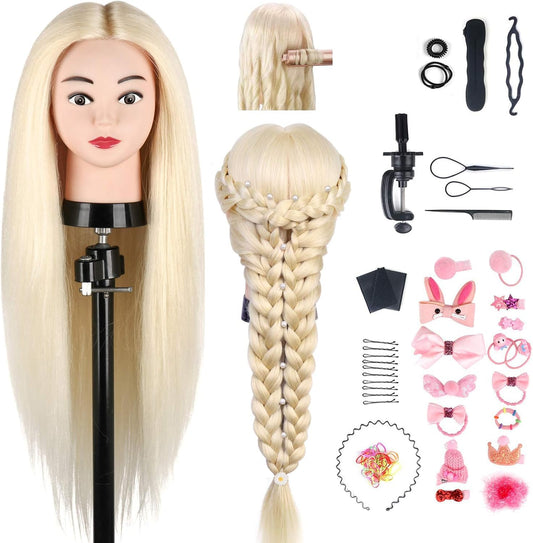 TwoWin Training Heads 80% Real Hair Blonde Cosmetology Doll Head Hairdresser Training Model Mannequin Head with Stand, DIY Hair Accessories Styling, Suitable for Straightening, Curling, Perming.