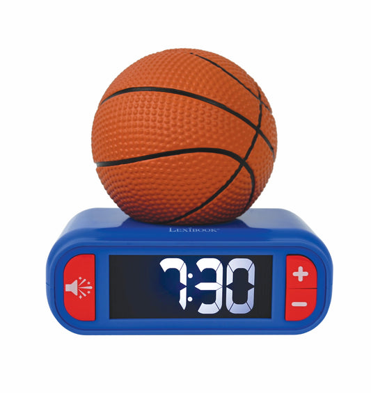 Lexibook, basketball, basketball night light alarm clock, sounds and melodies, LCD screen with backlight, illuminated, snooze, blue/orange, RL800BA.
