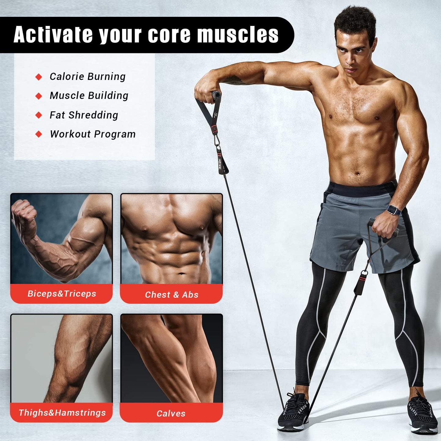 Resistance Bands Set, 5 fitness bands expander tube bands with large handle ankle strap door anchor attachment carrying bag, ideal for Pilates strength training.