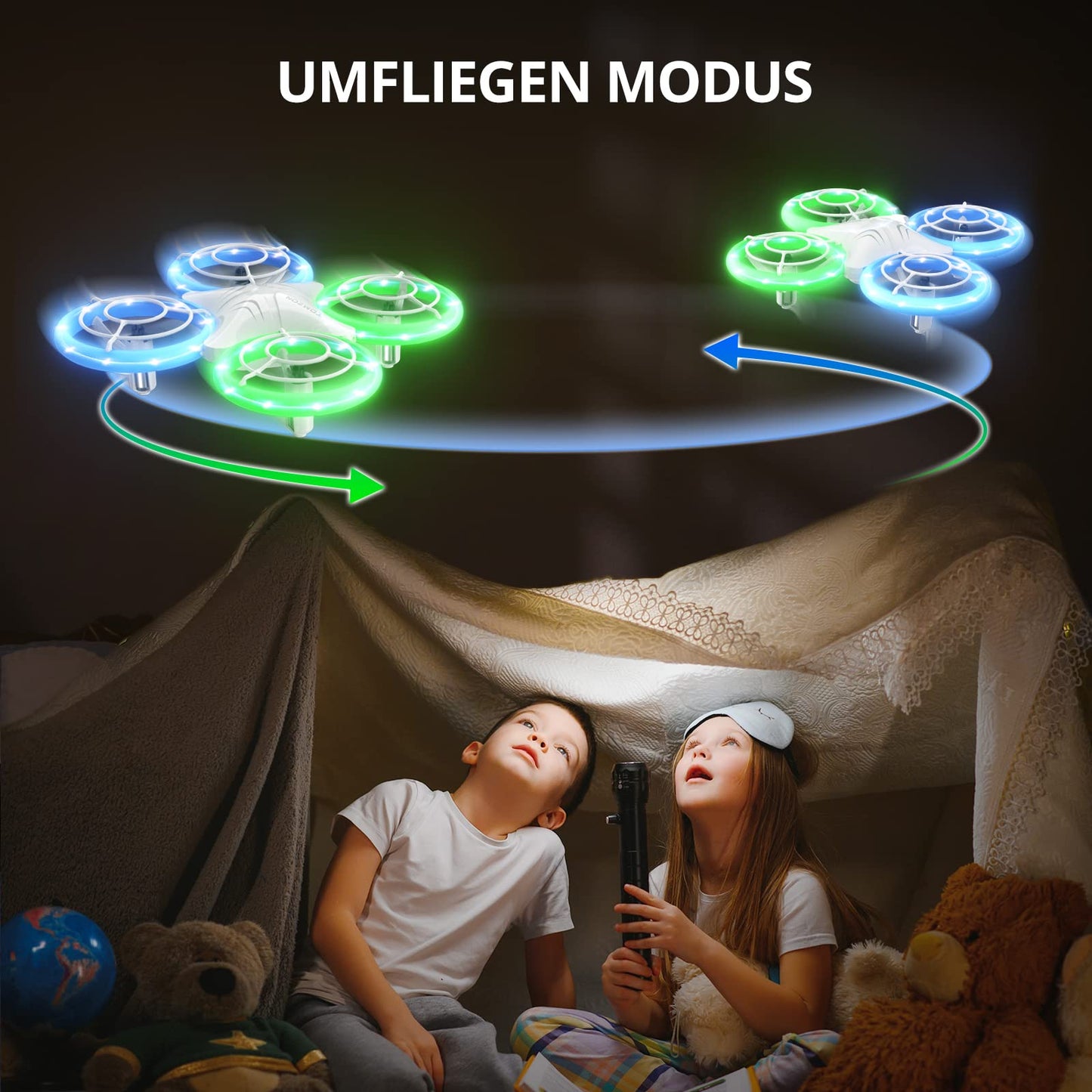 TOMZON Mini Drone for Kids, Blue and Green LED Lights, RC Quadcopter with 2 Batteries, Headless Mode, Throw Go/3D Flip/Rotation/Circle Fly for Beginner Kids