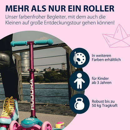 HUDORA Scooter Flitzkids 2.0 I Sturdy kids scooter with large footplate I Height-adjustable & portable mini three-wheel scooter for up to 50kg I Three-wheel scooter made of aluminum for children.