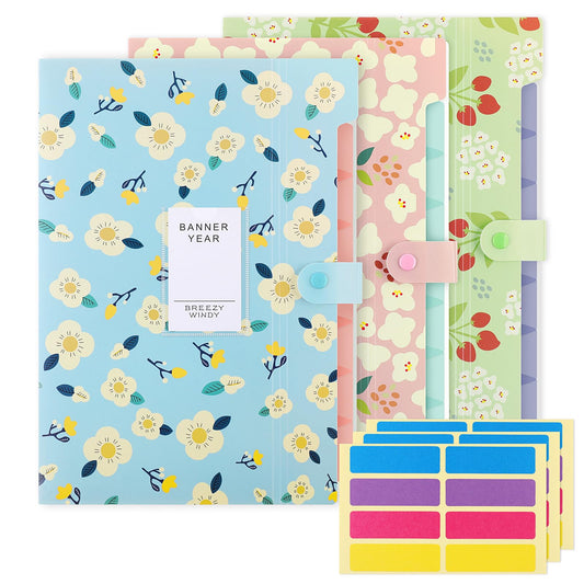 KONVINIT expanding file folder A4 size, document organizer with 7 compartments, portable floral patterned file folder with labels, for school/home/office, pack of 3.