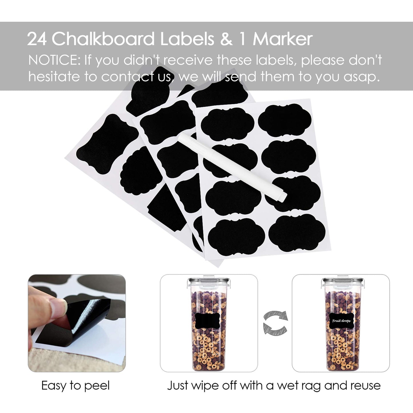 Vtopmart 2.5L Storage Container Set, Cereal Dispenser & Food Storage Containers, BPA free Plastic Storage Containers airtight, Set with 6+24 Labels for cereals, flour, sugar, etc. (Black)