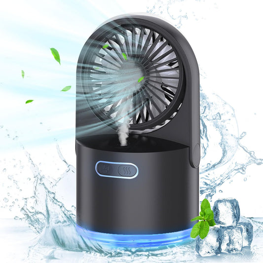 Mini fan with cooling mist, portable USB desktop fan air cooler with cooling mist, 3 wind modes, 7 color night lights, table fan for home, office, work, outdoor travel