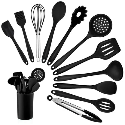Homikit Silicone Kitchen Utensil Set, 12 Pieces Black Cooking Utensils Cookware, Heat-Resistant Cooking Utensil Set with Utensil Holder, Healthy & Non-stick, Dishwasher Safe