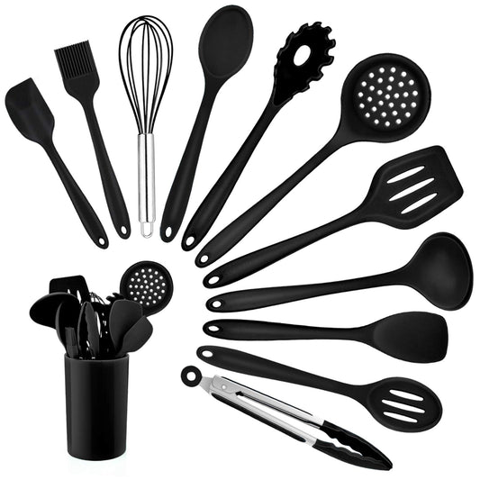 Homikit Silicone Kitchen Utensil Set, 12 Pieces Black Cooking Utensils Cookware, Heat-Resistant Cooking Utensil Set with Utensil Holder, Healthy & Non-stick, Dishwasher Safe