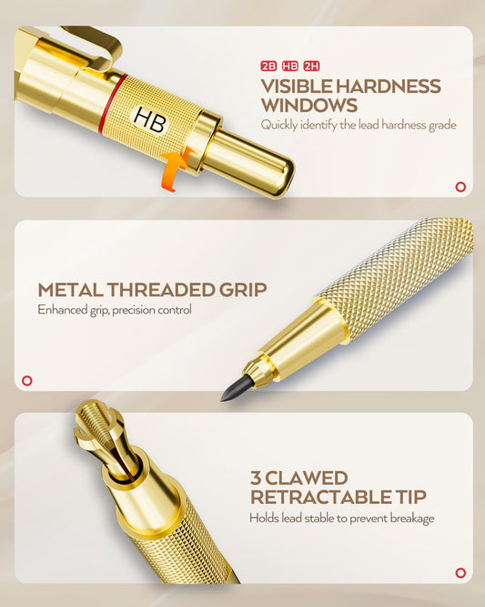 Nicpro 6 Piece Metal Mechanical Pencil Set with Case, Golden Pencils 0.5 & 0.7 & 0.9 & 2.0 mm Mechanical Pencil (2B HB 2H) with 12 Tubes of Lead, for Writing, Sketching, and Drawing