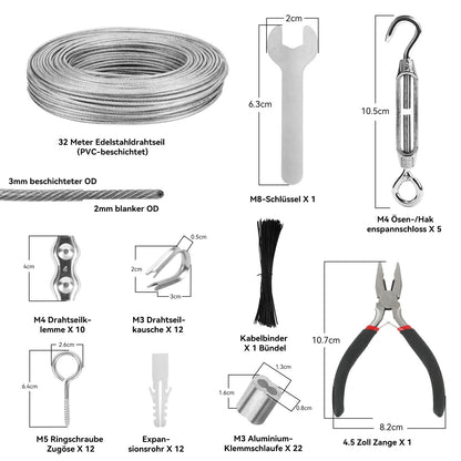 VIGRUE 32ft 3mm Wire Rope Kit, 304 Stainless Steel Thickened Wire Rope Tensioner, Steel Rope Covered, with Eyelets Cable Tensioning Kit Turnbuckle and Lever for Party, Festival, Wedding, Staircase, Camping.