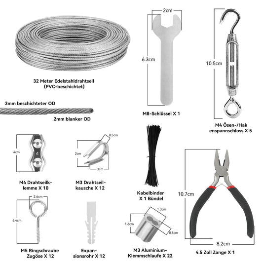 VIGRUE 32ft 3mm Wire Rope Kit, 304 Stainless Steel Thickened Wire Rope Tensioner, Steel Rope Covered, with Eyelets Cable Tensioning Kit Turnbuckle and Lever for Party, Festival, Wedding, Staircase, Camping.