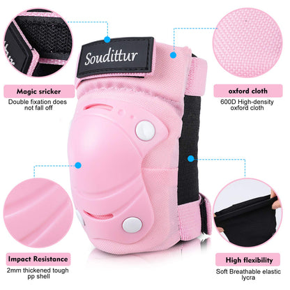 Soudittur Kids Knee Pads Inline Skates Protectors Set 3 IN 1 Children's Knee Elbow Wrist Guards Set for Inline Skates Roller Skates Skateboarding Scooter Riding (Pink, M)