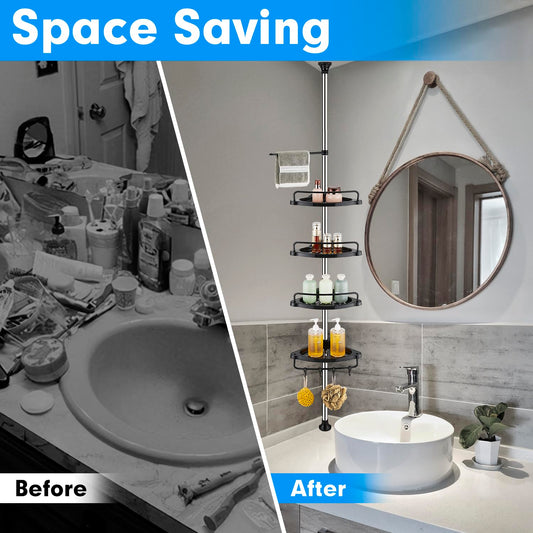 ZHUGE Telescope Shower Shelf, adjustable corner shelf for the shower with 4 shelves, 4 hooks, 1 towel bar for bathroom storage, rustproof, 70-330 cm from floor to ceiling, Black