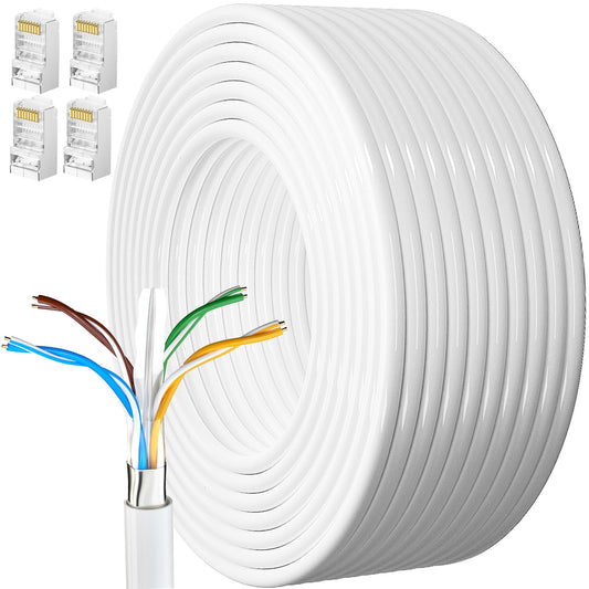 20 meter Cat 6 LAN cable, 20m white installation cable for network cables, 23AWG patch cable, FTP shielded Ethernet cable with Rj45 connector for high-speed Gigabit internet connection.